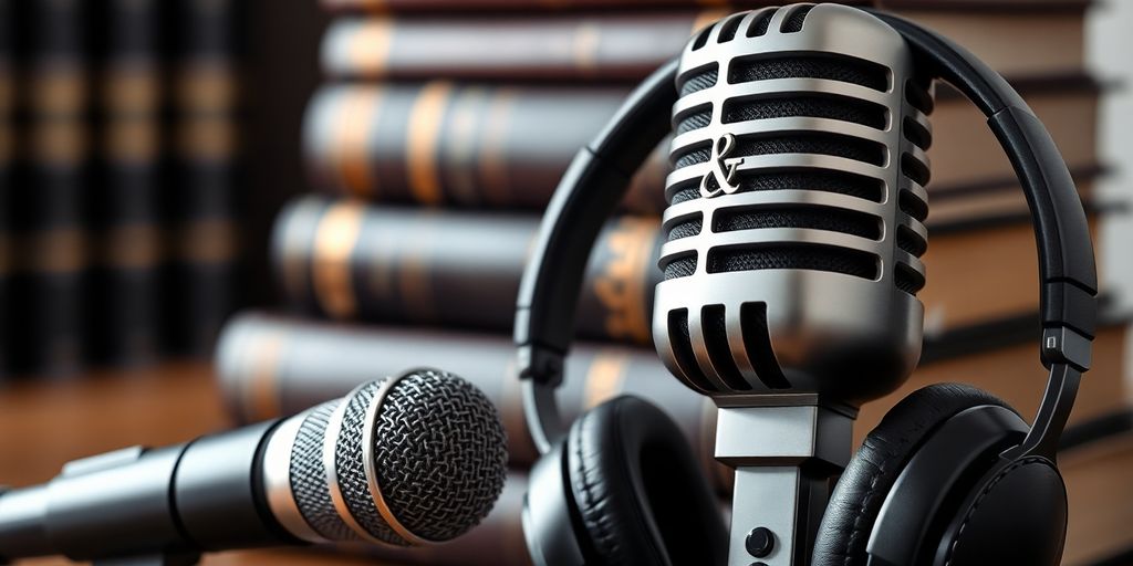 Microphone, headphones, legal books.