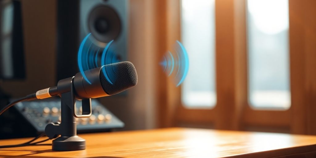 Podcast microphone with audio waves.