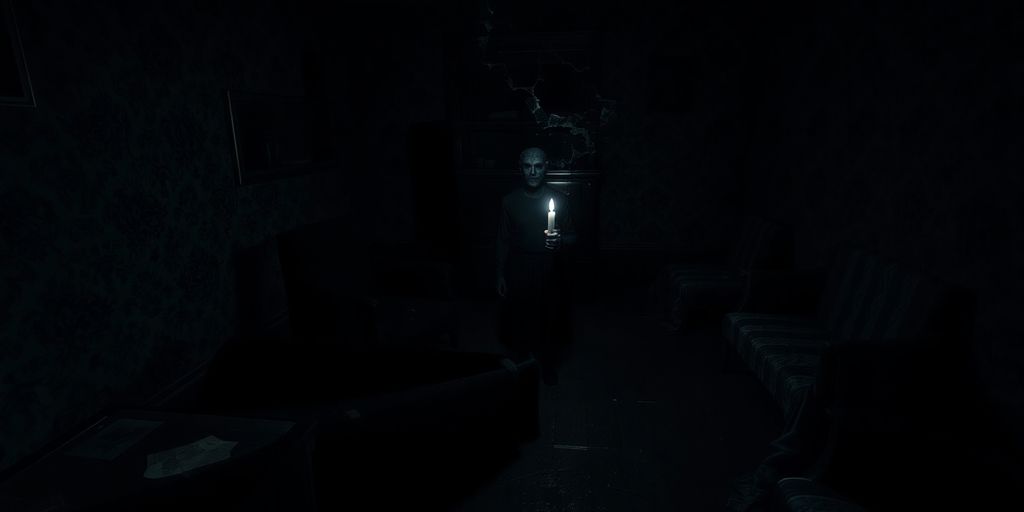 Eerie shadows, a lone figure, and flickering candlelight.