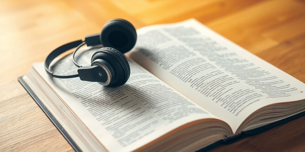 Open Bible, headphones, warm light, serene.